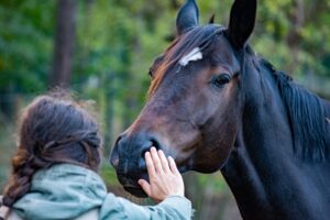 Mädchen zieht Ihre Hand in der Richtung von einem Pferd, um es auf dem Pferdemaul zu halten, in dem Rahmen einer Therapie mit Pferden
